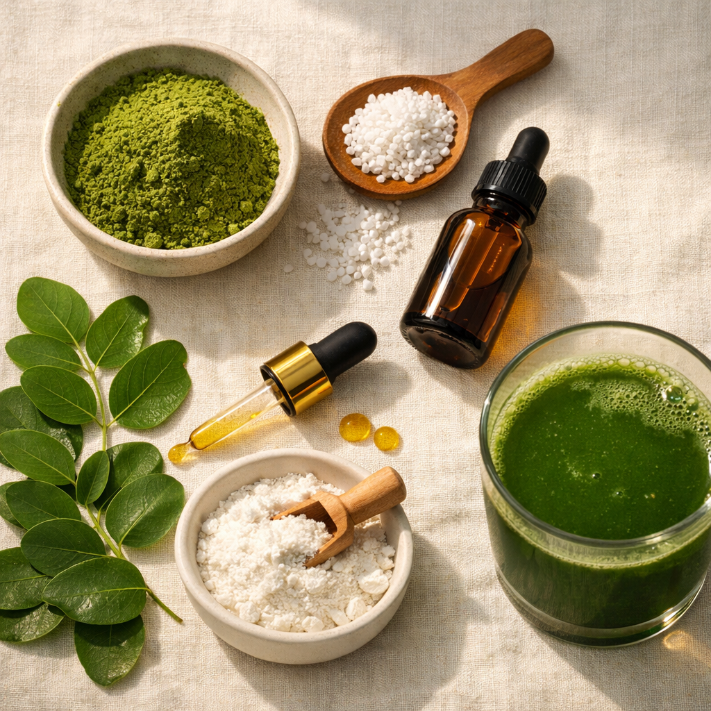 Scōp supplement ingredients flat-lay showing raw compounds and botanicals